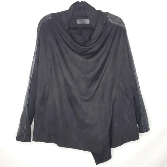 BLANKNYC Drape Front Oversized Jacket Size S Faux Leather Sleeves Lagenlook Chic - Picture 14 of 14